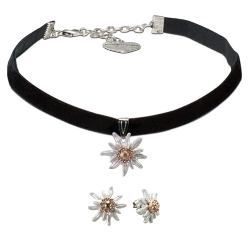Alpenflüstern Trachtenschmuck-Set Trachten-Samt-Kropfband und Ohrstecker Greta Edelweiß - Damen-Trachten-Schmuck, Trachtenset Trachtenkette und Trachten-Ohrringe (schwarz) SET053 von Alpenflüstern