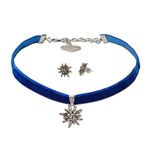 Alpenflüstern Trachtenschmuck-Set Trachten-Samt-Kropfband und Ohrstecker Strass-Edelweiß - Damen-Trachten-Schmuck, Trachtenset Trachtenkette und Trachten-Ohrringe blau SET016 von Alpenflüstern