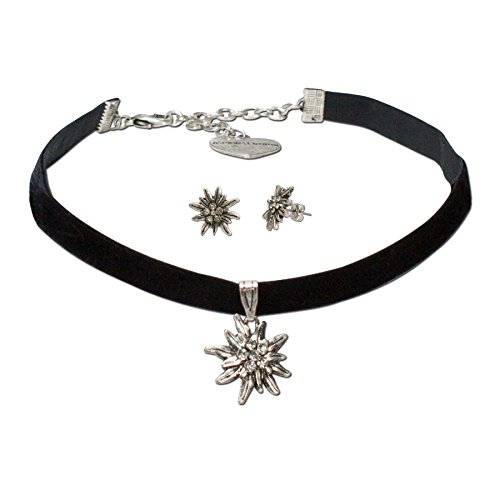 Alpenflüstern Trachtenschmuck-Set Trachten-Samt-Kropfband und Ohrstecker Strass-Edelweiß - Damen-Trachten-Schmuck, Trachtenset Trachtenkette und Trachten-Ohrringe schwarz SET016 von Alpenflüstern