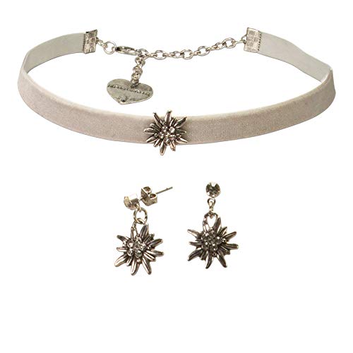 Alpenflüstern Trachtenschmuck-Set Trachten-Samt-Kropfband und Ohrstecker Strass-Edelweiß Mini - Damen-Trachten-Schmuck, Trachtenset Trachtenkette und Trachten-Ohrringe grau SET040 von Alpenflüstern