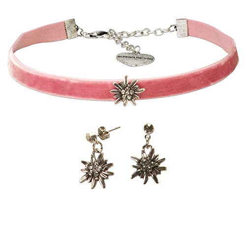 Alpenflüstern Trachtenschmuck-Set Trachten-Samt-Kropfband und Ohrstecker Strass-Edelweiß Mini - Damen-Trachten-Schmuck, Trachtenset Trachtenkette und Trachten-Ohrringe rosa-rosé SET040 von Alpenflüstern