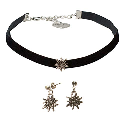 Alpenflüstern Trachtenschmuck-Set Trachten-Samt-Kropfband und Ohrstecker Strass-Edelweiß Mini - Damen-Trachten-Schmuck, Trachtenset Trachtenkette und Trachten-Ohrringe schwarz SET040 von Alpenflüstern