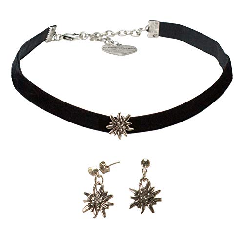 Alpenflüstern Trachtenschmuck-Set Trachten-Samt-Kropfband und Ohrstecker Strass-Edelweiß mini - Damen-Trachten-Schmuck, Trachtenset Trachtenkette und Trachten-Ohrringe schwarz SET040 von Alpenflüstern
