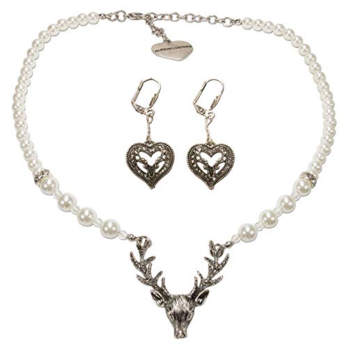 Alpenflüstern Trachtenschmuck-Set Trachtenohrhänger Strassherz und Perlen-Trachtenkette Hirsch - Damen-Trachten-Schmuck, Trachtenset Dirndl-Kette und Trachten-Ohrringe creme-weiß SET036 von Alpenflüstern