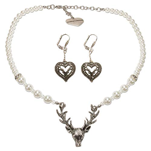 Alpenflüstern Trachtenschmuck-Set Trachtenohrhänger Strassherz und Perlen-Trachtenkette Hirsch - Damen-Trachten-Schmuck, Trachtenset Dirndl-Kette und Trachten-Ohrringe Creme-weiß SET036 von Alpenflüstern