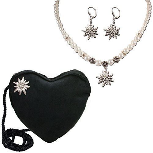 Alpenflüstern Trachtenset Perlen-Trachtenkette, Trachten-Ohrhänger und Herztasche Strass-Edelweiß - Damen-Trachten-Schmuck und Tasche, Dirndl-Kette, Ohrringe und Dirndltasche (creme-weiß) SET033 von Alpenflüstern