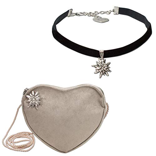 Alpenflüstern Trachtenset Trachten-Samt-Kropfband und Herztasche Strass-Edelweiß - Damen-Trachten-Schmuck und Trachtentasche, elastische Trachtenkette und Dirndltasche (taupe-braun) SET034 von Alpenflüstern