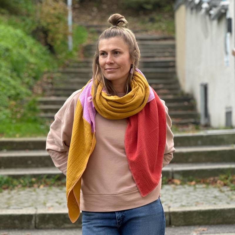 Musselintuch/Musselinschal Colorblocktuch von Alpenkaetzle