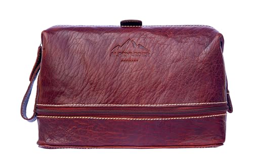 Alpenleder Kulturbeutel - LAGO DI COMO (Handgefertigt) - Nachhaltiges Bio-Leder aus regionaler Landwirtschaft | Kulturtasche Damen & Herren, Kulturbeutel leder *Fair Produziert* (27x18.5x14cm, Brandy) von Alpenleder