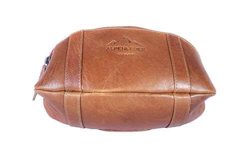 Alpenleder Kulturbeutel - Rugby (Handgefertigt) - Nachhaltiges Bio-Leder aus regionaler Landwirtschaft | Kulturtasche Damen & Herren, Kulturbeutel Leder *Fair Produziert* (11,5x26,5x11,5cm) (Cognac) von Alpenleder