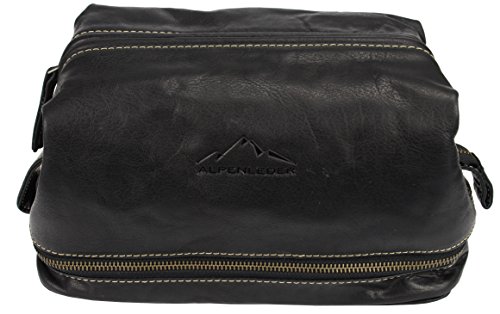 Alpenleder Kulturbeutel LAGO DI COMO (Handgefertigt) - Nachhaltiges Bio-Leder aus regionaler Landwirtschaft | Kulturtasche Damen & Herren, Kulturbeutel leder *Fair Produziert* (27x18.5x14cm, Ebenholz) von Alpenleder