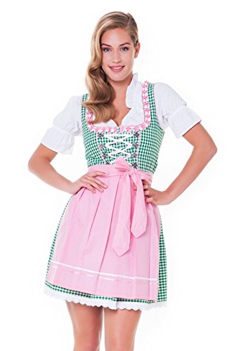 Alpenmärchen, 3tlg. Dirndl-Set - Trachtenkleid, Bluse, Schürze, Gr.34, grün-rosa, ALM625Y von Alpenmärchen