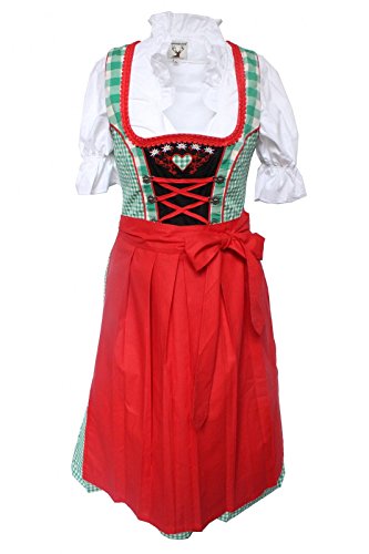 Alpenmärchen, 3tlg. Dirndl-Set - Trachtenkleid, Bluse, Schürze, Gr.34, grün-rot, ALM009 von Alpenmärchen