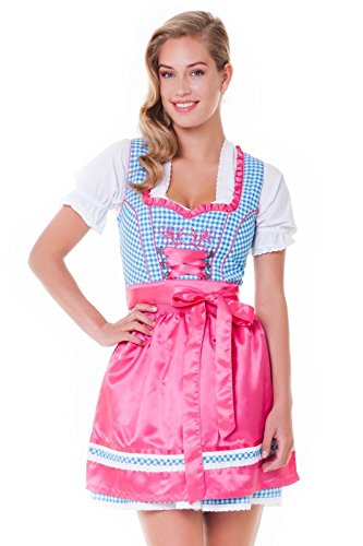 Alpenmärchen, 3tlg. Dirndl-Set - Trachtenkleid, Bluse, Schürze, Gr.34, türkis-Fuchsia- ALM3081 von Alpenmärchen