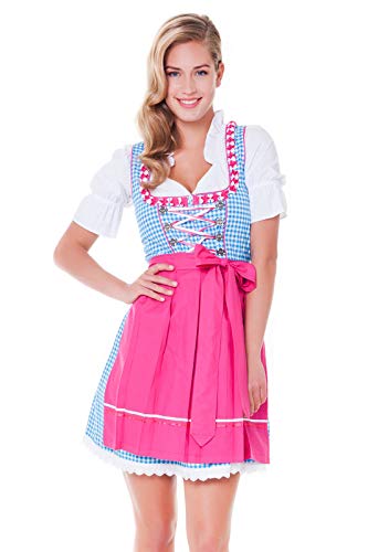 Alpenmärchen, 3tlg. Dirndl-Set - Trachtenkleid, Bluse, Schürze, Gr.34, türkis-Fuchsia - ALM627T von Alpenmärchen