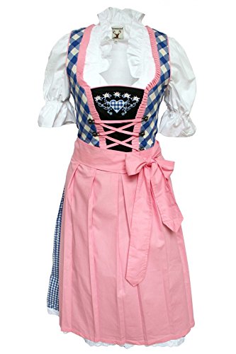 Alpenmärchen, 3tlg. Dirndl-Set - Trachtenkleid, Bluse, Schürze, Gr.36, blau-rosa, ALM718 von Alpenmärchen