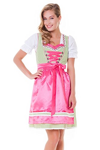 Alpenmärchen, 3tlg. Dirndl-Set - Trachtenkleid, Bluse, Schürze, Gr.44, grün-Fuchsia, ALM3010 von Alpenmärchen