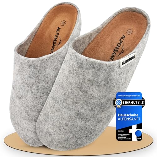 Alpensanft Damen Herren Clogs Hausschuhe Filz Grau Korksohle Unisex (36-45) Gepolsterte Echtledersohle (Grau, EU Schuhgrößensystem, Erwachsene, Numerisch, M, 38) von Alpensanft