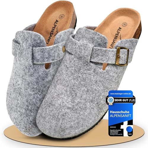 Alpensanft Damen Herren Clogs Hausschuhe mit Riemen Filz Grau Korksohle Unisex (36-45) Gepolsterte Echtledersohle (Dunkelgrau, EU Schuhgrößensystem, Erwachsene, Numerisch, M, 39) von Alpensanft