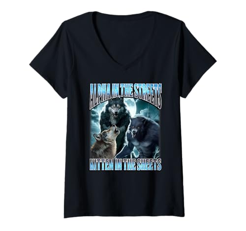 Damen Alpha In The Streets Kitten In Sheets Lustiger Werwolf Wolf T-Shirt mit V-Ausschnitt Damen Alpha In The Streets Kitten In Sheets Lustiger Werwolf Wolf T-Shirt mit V-Ausschnitt von Alpha In The Streets Kitten In Sheets Funny Shirts