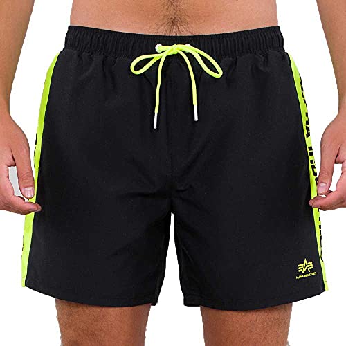 Alpha Industries Herren Printed Stripe Swim Short stylische Badehose, Black, M von ALPHA INDUSTRIES