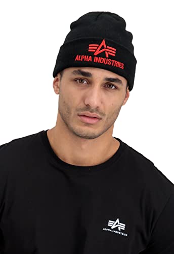 Alpha Industries Herren 3D Strickmütze aus Acryl Beanie-Mütze, Black/Red, Talla Única von ALPHA INDUSTRIES