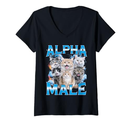 Damen Alpha-Male Lustiges Bootleg Cat Gen-Z-Meme T-Shirt mit V-Ausschnitt Damen Alpha-Male Lustiges Bootleg Cat Gen-Z-Meme T-Shirt mit V-Ausschnitt von Alpha Male Funny Bootleg Cat