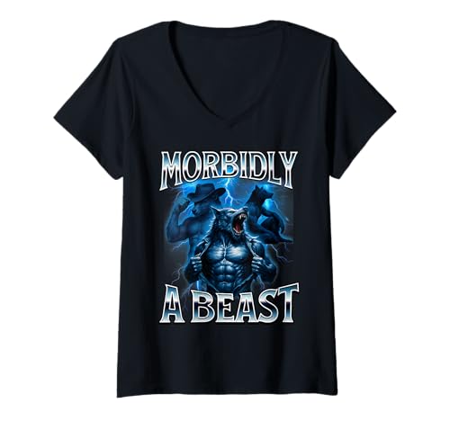 Damen Morbidly A Beast Alpha Wolf Meme Seltsame Unhinged Brain Fäule T-Shirt mit V-Ausschnitt von Alpha Meme Merch Store