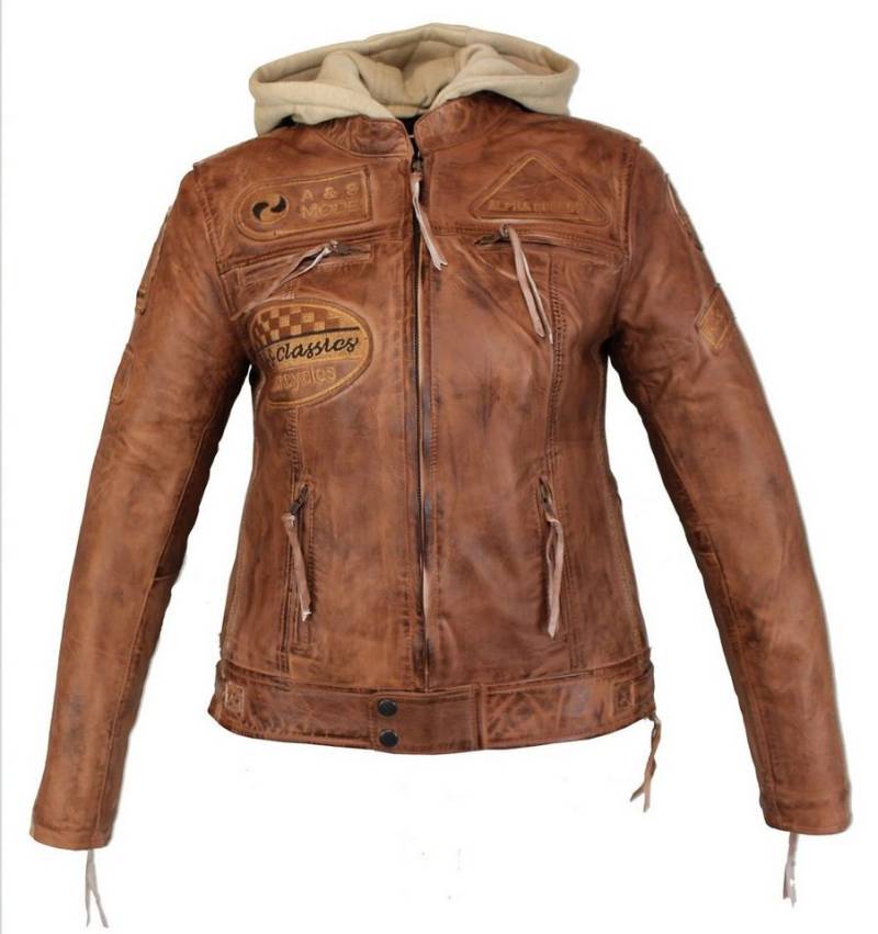 Alpha Speeds Bikerjacke Damen Leder Jacke Biker Freizeit Highway Jacke König Braun aus weichem Lammleder, mit Protektoren & Kapuze von Alpha Speeds