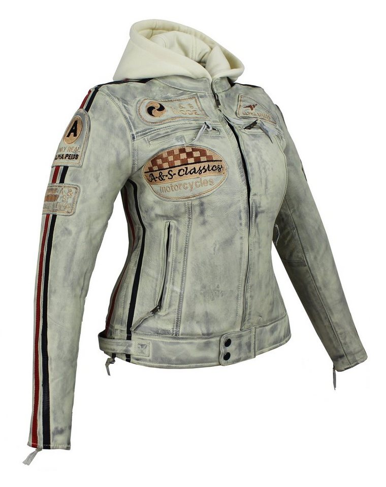 Alpha Speeds Bikerjacke Damen Leder Jacke Biker Freizeit Highway Jacke Weiß aus weichem Lammleder, mit Protektoren & Kapuze von Alpha Speeds