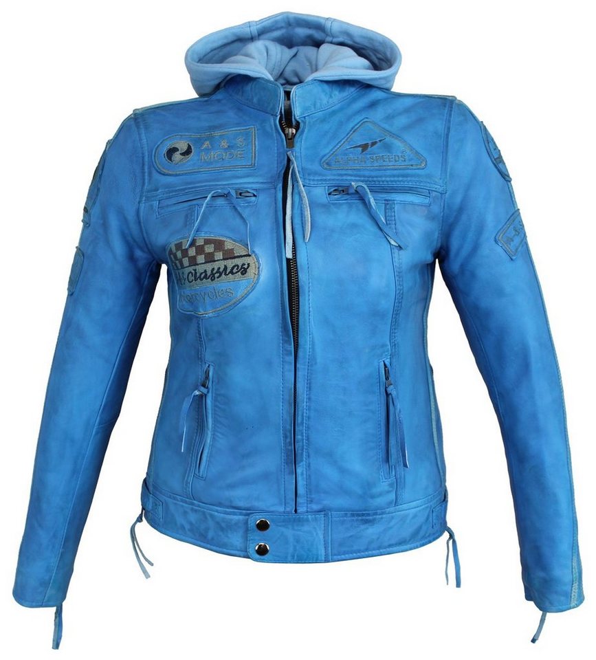 Alpha Speeds Lederjacke Damen Motorrad Leder Jacke Biker, Freizeit Highway Jacke Blau aus weichem Lammleder, mit Protektoren & Kapuze von Alpha Speeds