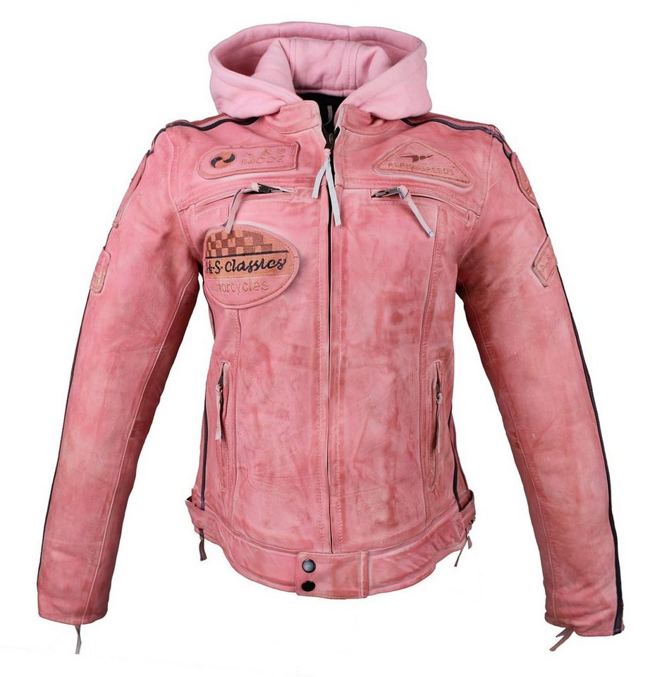 Alpha Speeds Lederjacke Damen Motorrad Leder Jacke Biker, Freizeit Highway Jacke Rosa aus weichem Lammleder, mit Protektoren & Kapuze von Alpha Speeds