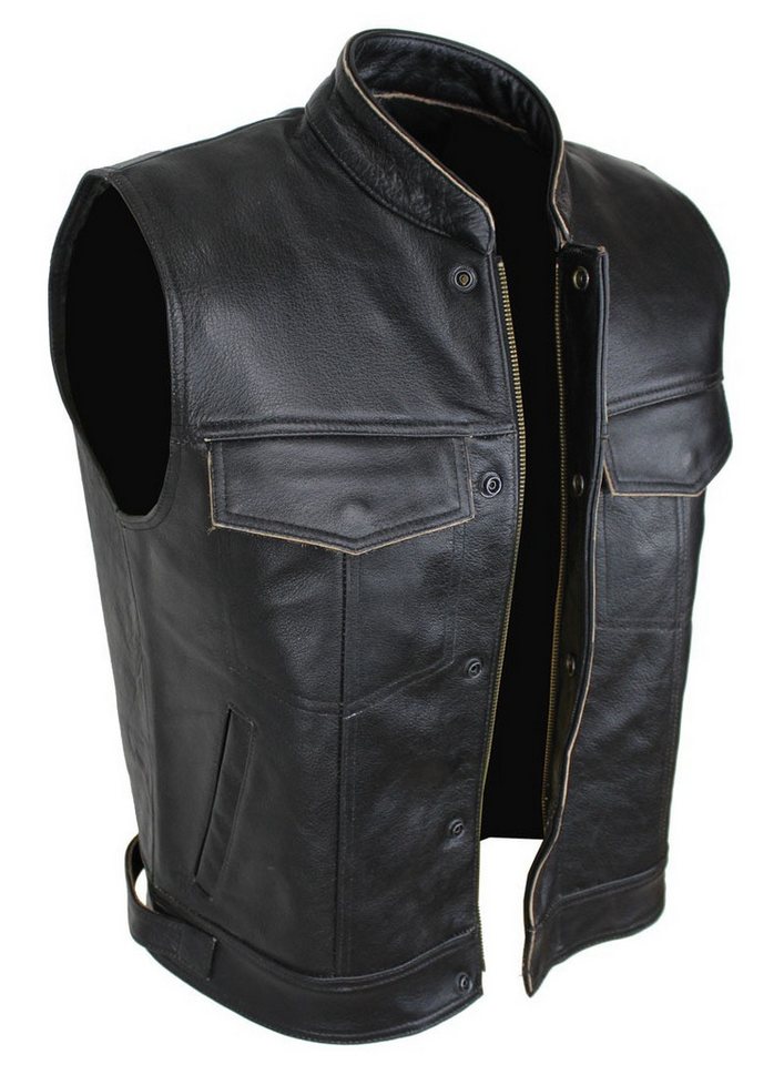 Alpha Speeds Lederweste Herren ANARCHY KLASSIKER Motorrad/Biker Schwarz mit Retro braunem Rand Robustes Rindsleder, viele Taschen, verstellbar, YYK-Verschluss von Alpha Speeds