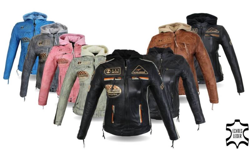 Alpha Speeds Motorradjacke - /Freizeit Damen Lammlederjacke Bikerjacke Highway 11 (mit einer abnehmbaren Kapuze) aus weichem Lammleder, inklusive einsetzbarer Protektoren von Alpha Speeds