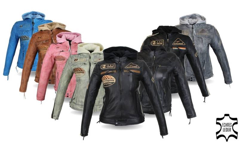 Alpha Speeds Motorradjacke - /Freizeit Damen Lammlederjacke Bikerjacke Highway 11 (mit einer abnehmbaren Kapuze) aus weichem Lammleder, inklusive einsetzbarer Protektoren von Alpha Speeds