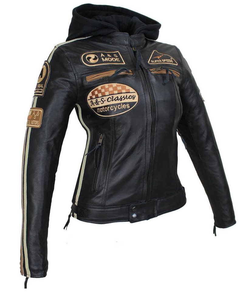 Alpha Speeds Motorradjacke Damen Leder Jacke Biker Freizeit Highway Jacke Braun & Beige aus weichem Lammleder, mit Protektoren & Kapuze von Alpha Speeds