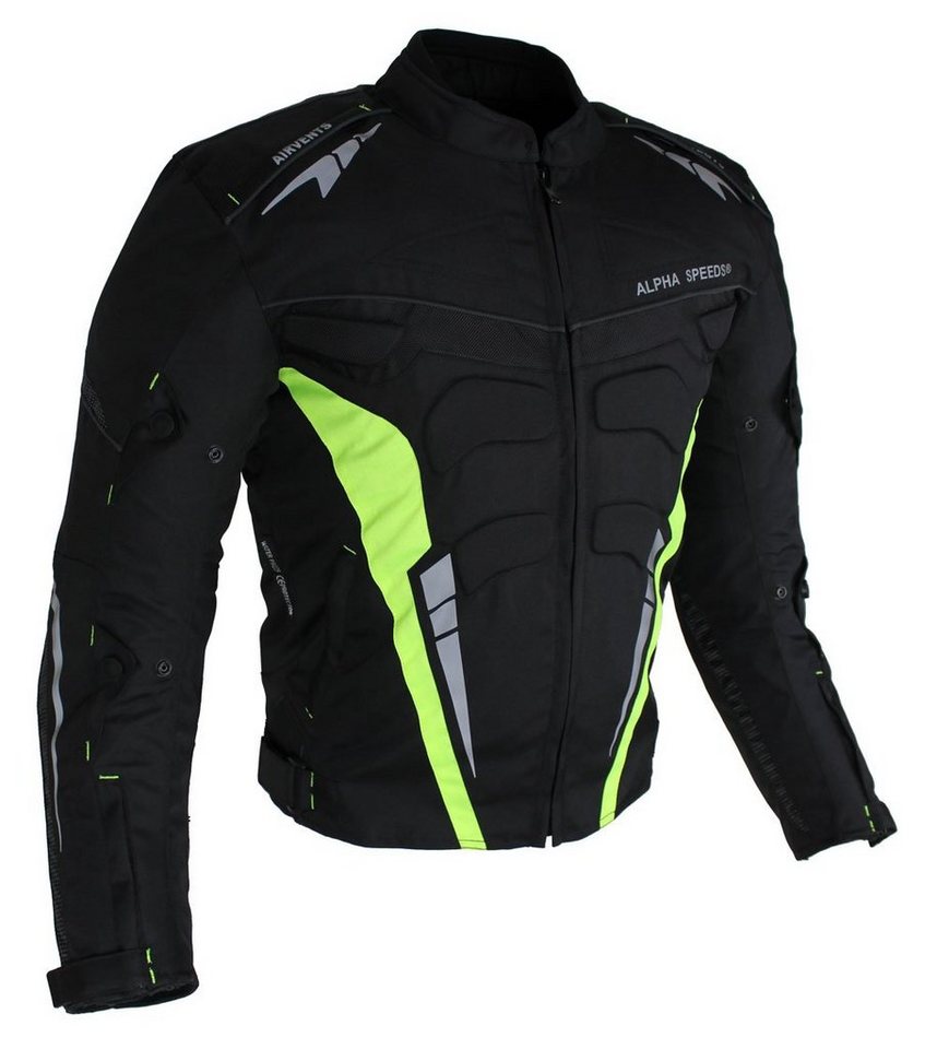 Alpha Speeds Motorradjacke Herren Biker Textil Jacke Wasserdicht Sport Touring Jacke Protektoren (Trennbare Innenjacke: All Season) Belüftungssysteme, SPORT Fluorescent Grün von Alpha Speeds