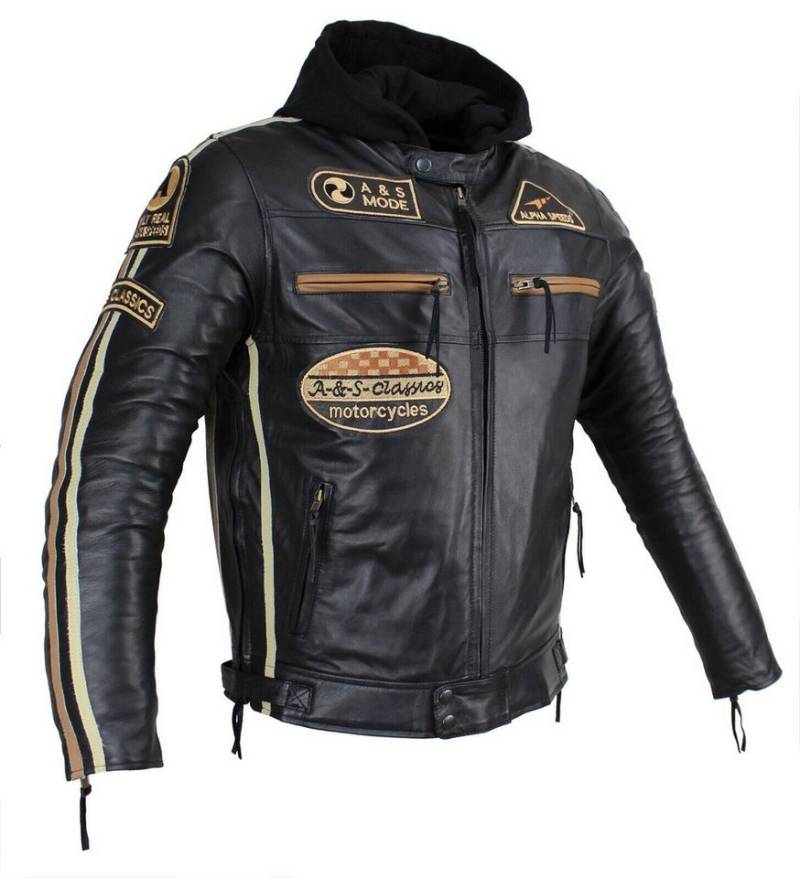 Alpha Speeds Motorradjacke Herren Leder Jacke Biker Freizeit Highway Jacke Braun/Beige Streifen (Trennbare Innenjacke + Kapuze) aus weichem Lammleder, mit herausnehmbare Protektoren von Alpha Speeds