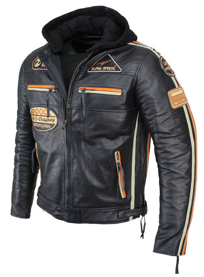 Alpha Speeds Motorradjacke Herren Leder Jacke Biker Freizeit Highway Jacke Orange/Beige Streifen (Trennbare Innenjacke + Kapuze) aus weichem Lammleder, mit herausnehmbare Protektoren von Alpha Speeds