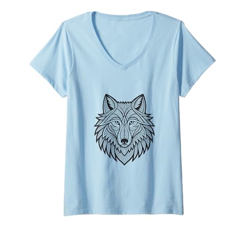 Damen Geometrischer Wolfskopf, Tribal-Kunst, Symmetrie, kräftiges Wildmuster T-Shirt mit V-Ausschnitt Damen Geometrischer Wolfskopf, Tribal-Kunst, Symmetrie, kräftiges Wildmuster T-Shirt mit V-Ausschnitt von Alpha Spirit Collective