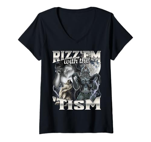 Damen Rizzem with The Tism Wolf T-Shirt mit V-Ausschnitt Damen Rizzem with The Tism Wolf T-Shirt mit V-Ausschnitt von Alpha Wolf Rizz 'Em With The 'Tism