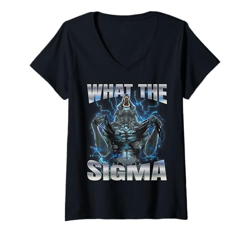Damen What The Sigma Wolf T-Shirt mit V-Ausschnitt Damen What The Sigma Wolf T-Shirt mit V-Ausschnitt von Alpha Wolf What The Sigma