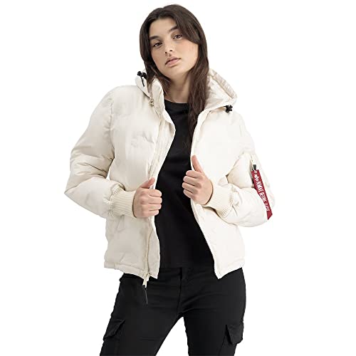 Alpha Industries Damen Hooded Logo Puffer Wmn Winterjacke, Jet Stream White, M von ALPHA INDUSTRIES