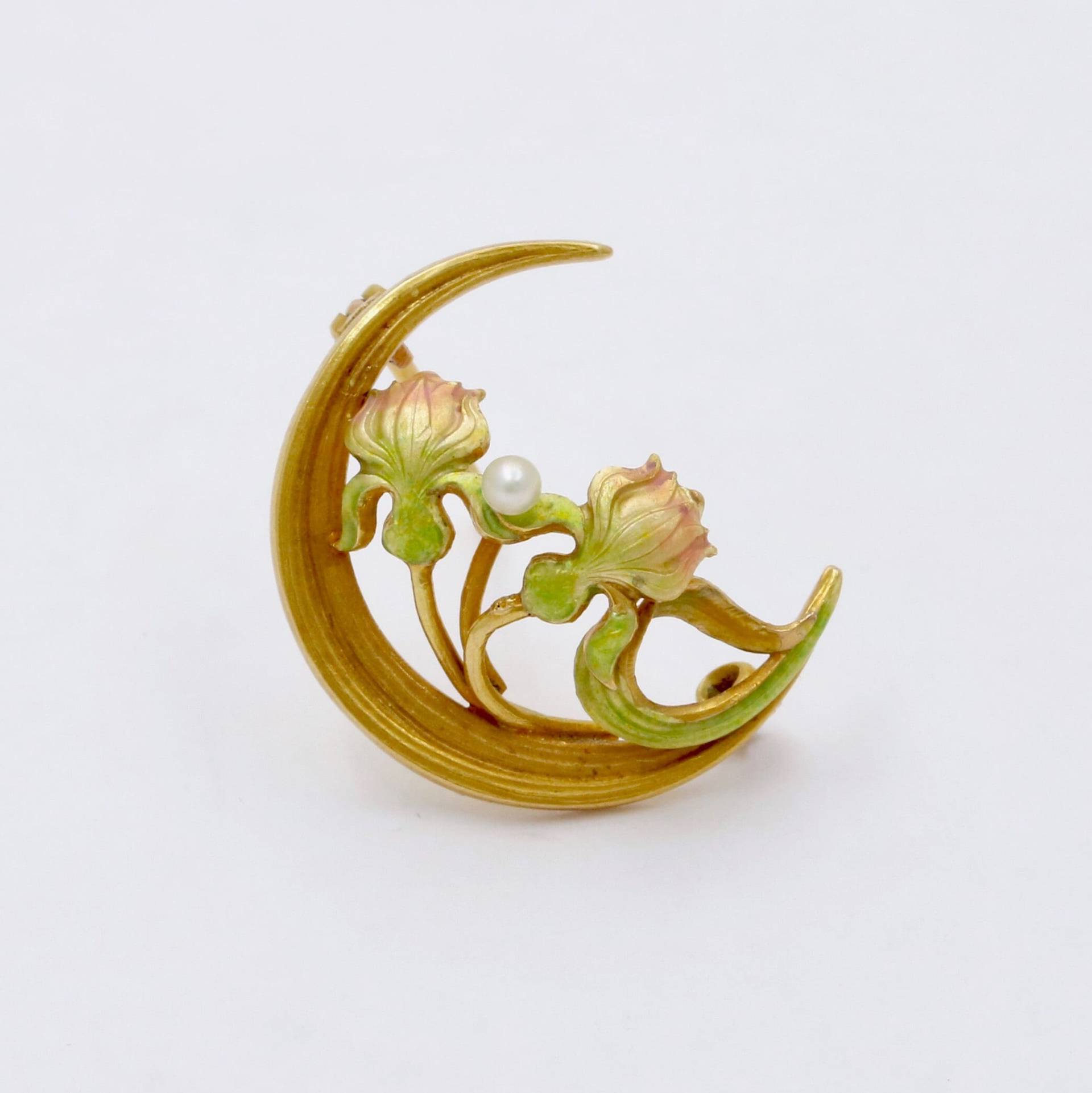 Jugendstil Krementz 14K Gold Und Emaille Halbmond Lotus Blumen Pin von AlphaOmegaJewels