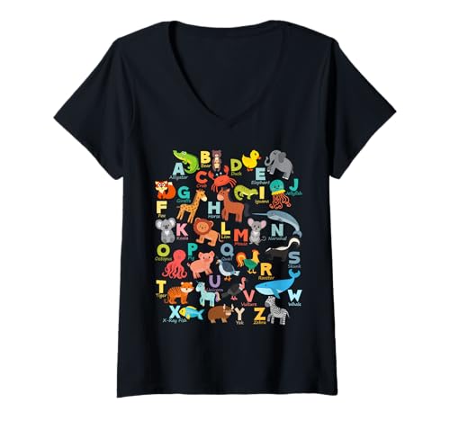 Damen Alphabet Tier ABCs Lernshirt für Jungen, Mädchen, Erwachsene T-Shirt mit V-Ausschnitt Damen Alphabet Tier ABCs Lernshirt für Jungen, Mädchen, Erwachsene T-Shirt mit V-Ausschnitt von Alphabet Tees