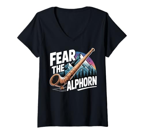 Damen Fear The Alphorn T-Shirt mit V-Ausschnitt Damen Fear The Alphorn T-Shirt mit V-Ausschnitt von Alphornbläser Musik Alphorn