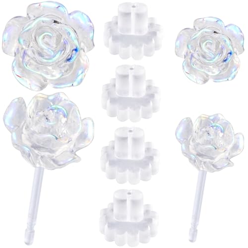Alpinleux 2 Paar 3D-Rose bunte weiße Kunststoff-Ohrringe für Frauen, elegante Kunststoff-Ohrringe für empfindliche Ohren, klare Ohrringe für Sport, Arbeit von Alpinleux