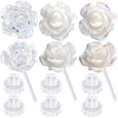 Alpinleux 3D Rose Bunte weiße Kunststoff-Ohrringe für Frauen, elegante Kunststoff-Ohrringe für empfindliche Ohren, klarer Ohrring für Sport, Arbeit (3 Paar) von Alpinleux