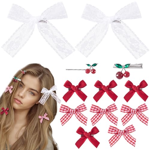 Alpinleux Y2K Haarspangen mit roten Kirschschleifen, Mini-Spitzen-Haarschleifen, Kokette kariert, niedliche Haarspangen, Haarschmuck für Damen, 12 Stück von Alpinleux