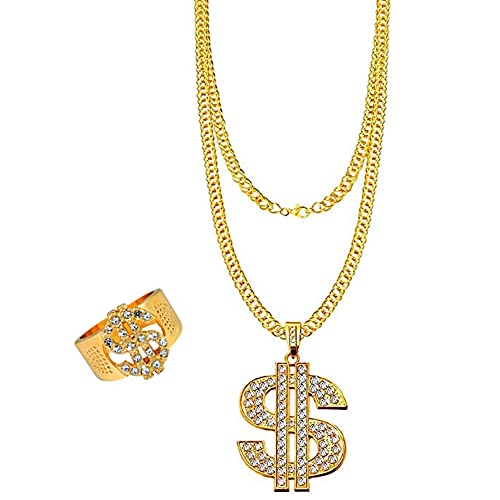 Hip-Hop-Rapper-Accessoires-Set mit Goldener Dollar-Kette und Ring im Gangster-Retro-Stil der 70er, 80er und 90er Jahre - perfekt für Fasching, Mottopartys und mehr! von Alppihym